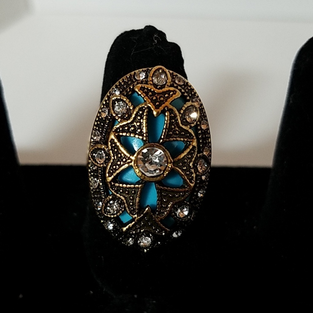 Turquoise Rhinestone Gold Tone Costume Ring